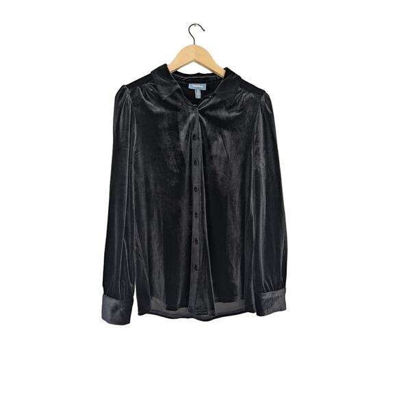 ModCloth Be Buzzworthy Black Velvet Button Up Top - Picture 1 of 7